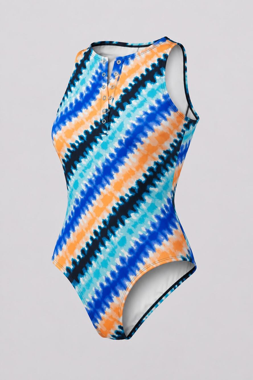 Lands' End One Piece Swimsuit Size 6 High Neck Snap Front Tie Dye